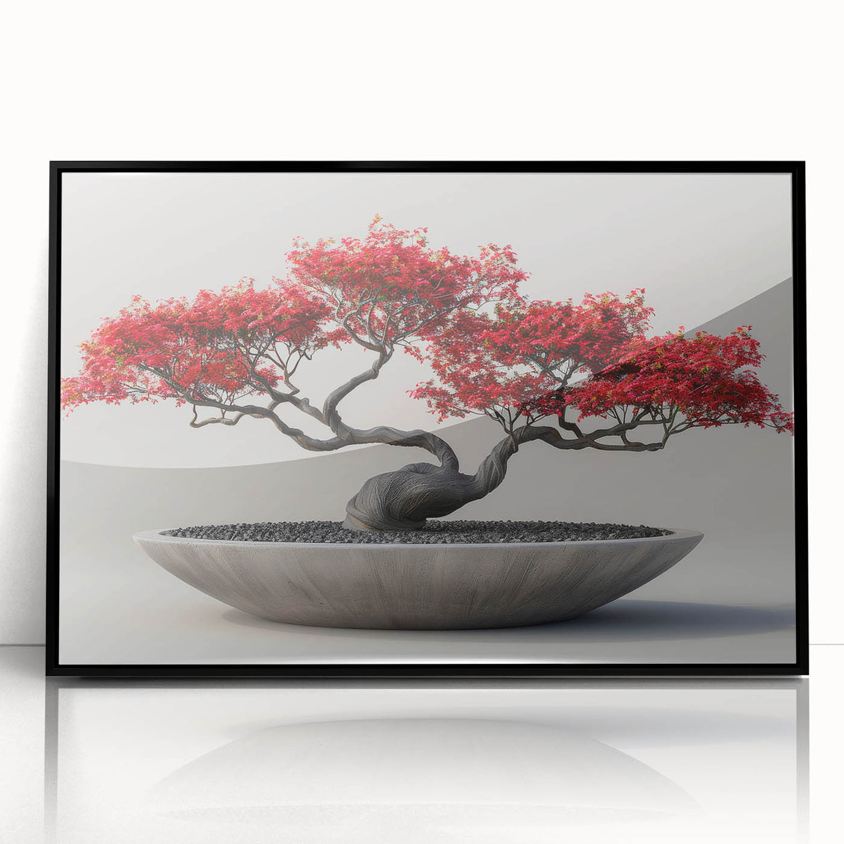 Framed wall art design showcasing a botanical bonsai tree with vibrant flowers, set in a sleek black frame, perfect for home decor enthusiasts.