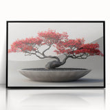 Framed wall art design showcasing a botanical bonsai tree with vibrant flowers, set in a sleek black frame, perfect for home decor enthusiasts.