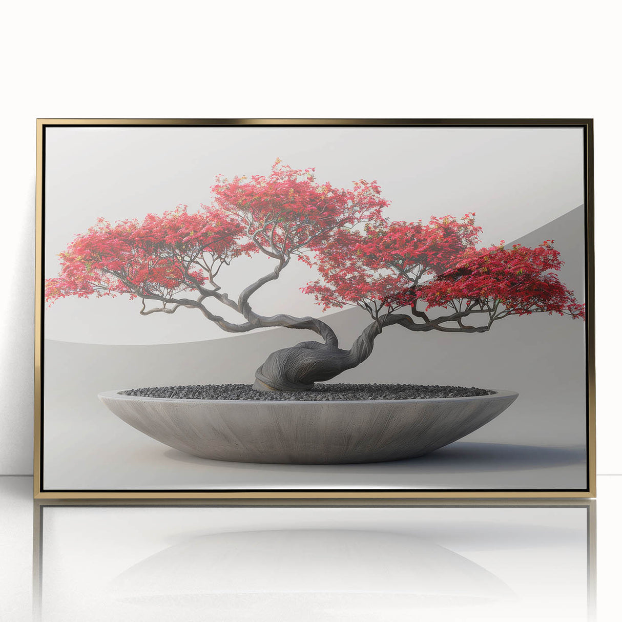 Framed botanical wall art showcasing a vibrant bonsai tree design with intricate flower details and a gold-accented frame, perfect for home decor.