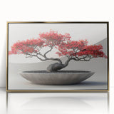 Framed botanical wall art showcasing a vibrant bonsai tree design with intricate flower details and a gold-accented frame, perfect for home decor.