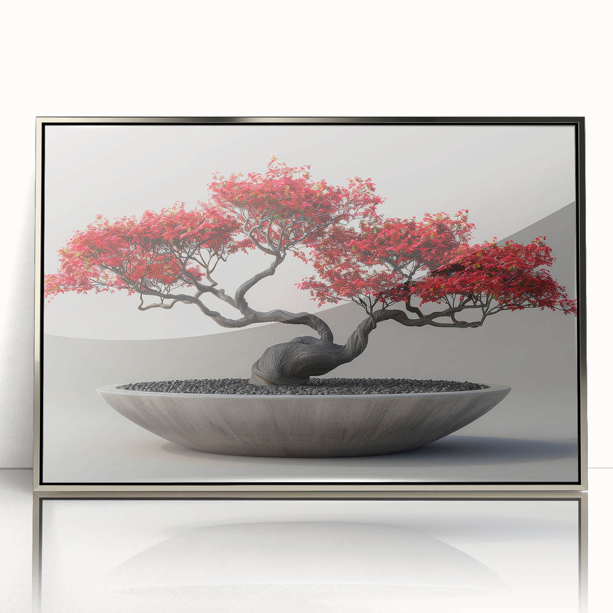 Framed wall art showcasing a botanical bonsai tree design with vibrant flowers, elegantly presented in silver acrylic. Ideal for enhancing modern home decor.
