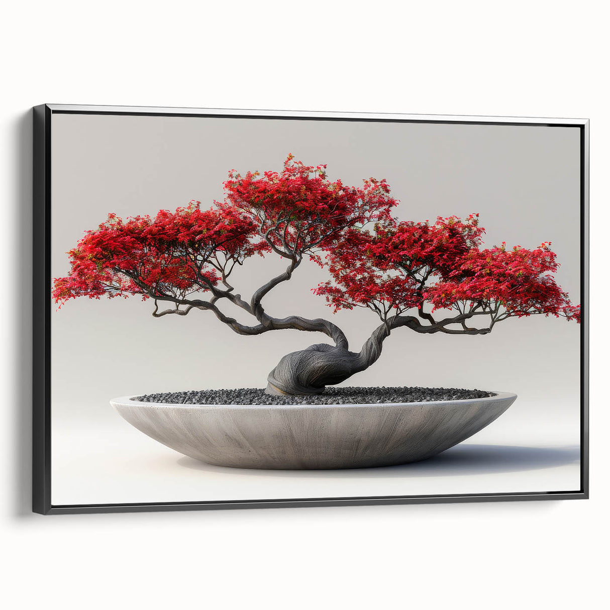 Framed wall art featuring a botanical bonsai tree design on canvas, showcasing vibrant colors and intricate details, perfect for home decor.
