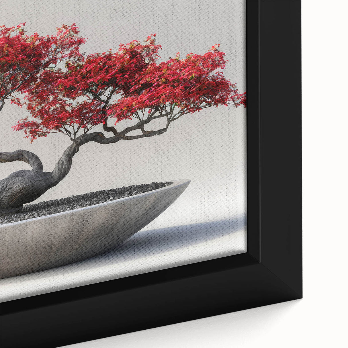 Close-up view of a framed botanical bonsai tree wall art piece, showcasing intricate flower details and vibrant colors against a neutral background, perfect for home decor.