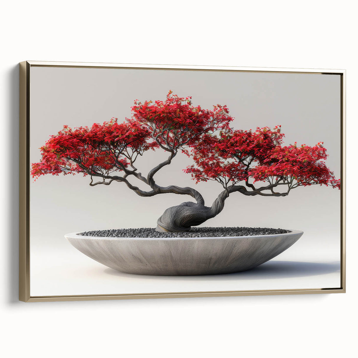Framed canvas wall art featuring a botanical bonsai tree design in elegant gold tones, showcasing intricate details and a contemporary aesthetic, perfect for home decor.