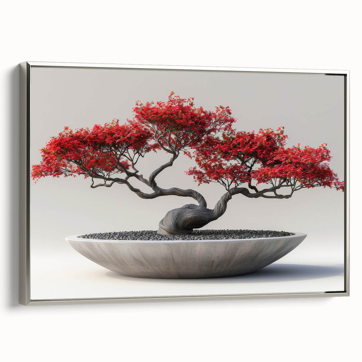 Framed canvas wall art showcasing a botanical bonsai tree design in silver, highlighting intricate floral details and elegant craftsmanship, perfect for nature-themed decor.