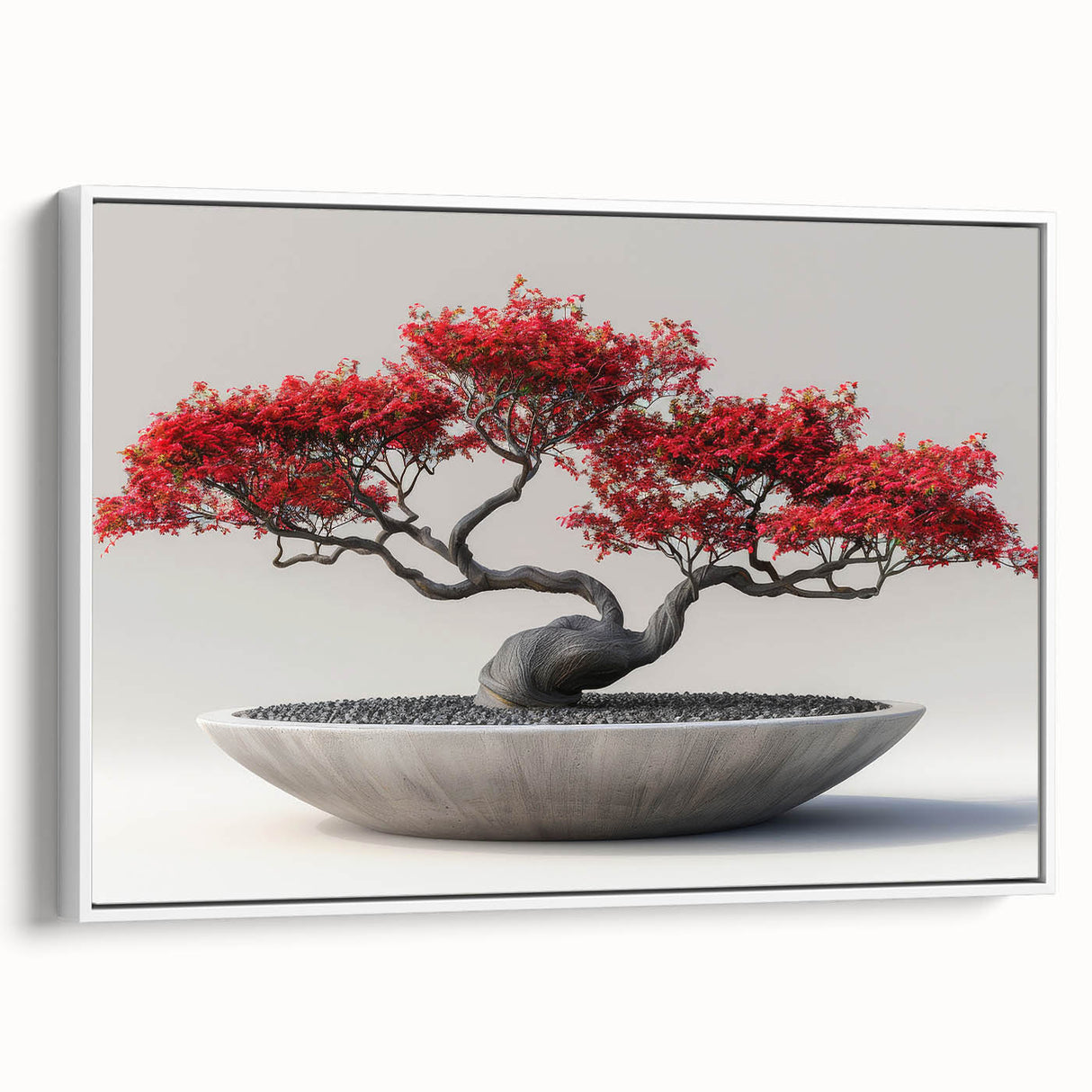 Framed wall art featuring a botanical bonsai tree design on canvas, showcasing intricate floral details and vibrant colors against a white background, ideal for enhancing home decor.