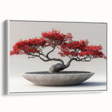 Framed wall art featuring a botanical bonsai tree design on canvas, showcasing intricate floral details and vibrant colors against a white background, ideal for enhancing home decor.
