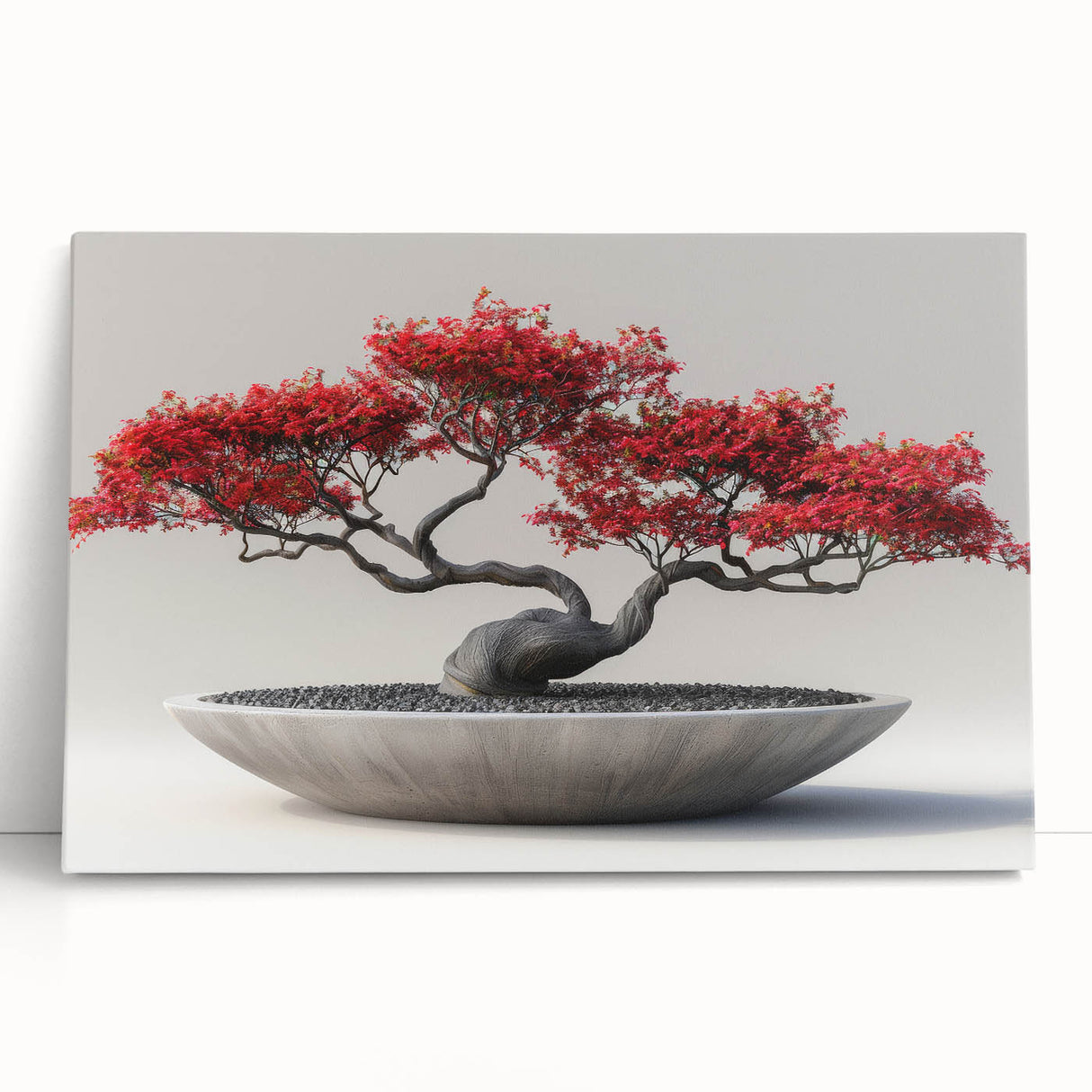 Botanical bonsai tree wall art on stretched canvas, showcasing vibrant green foliage and intricate details, perfect for modern home decor and nature enthusiasts.