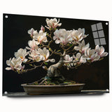 Side view of a botanical bonsai tree wall art piece displayed in an acrylic glass frame, showcasing vibrant colors and intricate details, perfect for home decor.