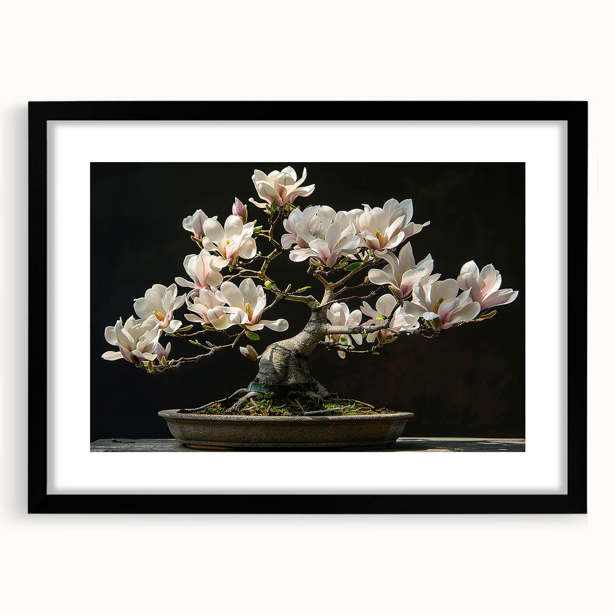 Botanical bonsai tree wall art framed in black with a white mat, showcasing intricate floral designs and vibrant colors, perfect for home decor enhancement.