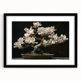 Botanical bonsai tree wall art framed in black with a white mat, showcasing intricate floral designs and vibrant colors, perfect for home decor enhancement.