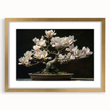 Botanical bonsai tree wall art design in a gold frame with matting, showcasing intricate floral details and vibrant colors, perfect for home decor.
