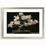 Botanical bonsai tree wall art collection featuring intricate floral designs in a silver frame with matting, ideal for enhancing home decor and nature themes.