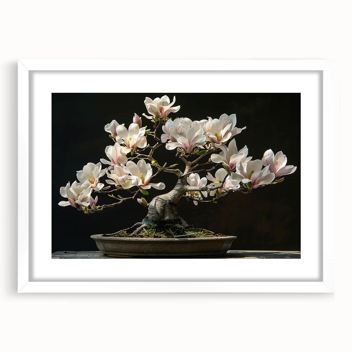 Botanical bonsai tree wall art collection framed in white with a mat, showcasing intricate floral designs and vibrant colors, perfect for home decor.