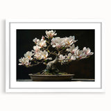 Botanical bonsai tree wall art collection framed in white with a mat, showcasing intricate floral designs and vibrant colors, perfect for home decor.