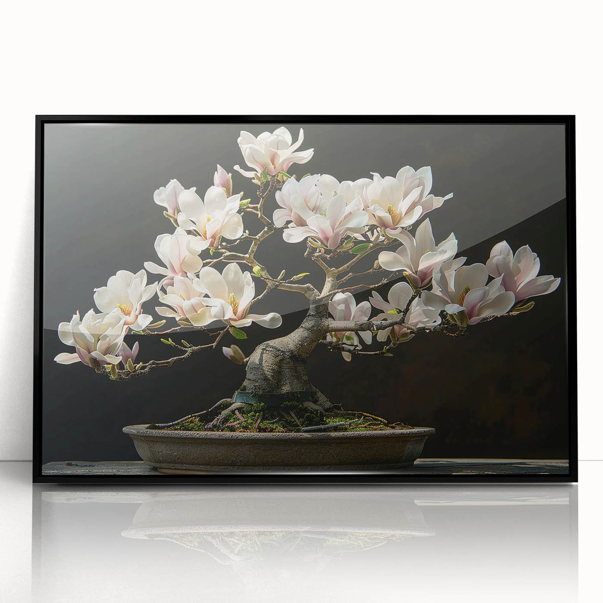 Framed acrylic wall art featuring a vibrant botanical bonsai tree design with colorful flowers, displayed against a sleek black background, ideal for home decor.