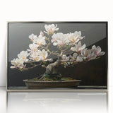 Framed wall art featuring a botanical bonsai tree design in vibrant colors, encased in a sleek silver frame, perfect for modern home decor.