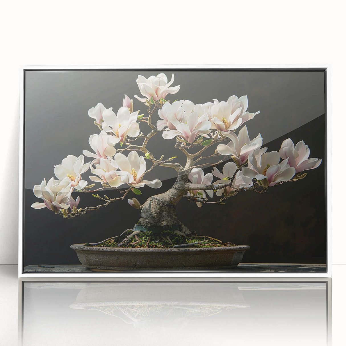 Framed wall art featuring a botanical bonsai tree design in vibrant colors, set against a white background, ideal for home decor and nature enthusiasts.