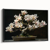 Framed canvas wall art showcasing a vibrant botanical bonsai tree design against a black background, ideal for home decor and nature enthusiasts.