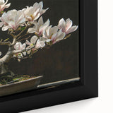 Close-up of a framed botanical bonsai tree wall art piece showcasing intricate floral details and vibrant colors, perfect for home decor enthusiasts and nature lovers.