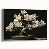 Framed botanical bonsai tree wall art in gold frame, showcasing intricate floral designs and vibrant colors, perfect for home decor and nature enthusiasts.