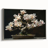 Framed canvas wall art featuring a botanical bonsai tree design in a silver frame, showcasing vibrant colors and intricate details, perfect for home decor.