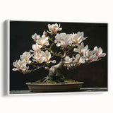 Framed canvas wall art showcasing a botanical bonsai tree design in vibrant colors, presented from a side view against a white background, ideal for home decor.