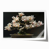 Botanical bonsai tree wall art print featuring vibrant floral designs in rich colors, rolled and ready for display, perfect for home decor enthusiasts.