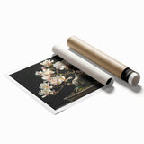 Botanical bonsai tree wall art print featuring vibrant floral designs and intricate details, rolled for easy shipping and display in home decor.