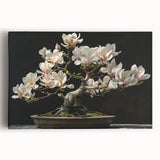 Botanical bonsai tree design wall art on stretched canvas, showcasing intricate floral details and vibrant colors, perfect for home decor or nature enthusiasts.
