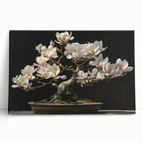 Botanical bonsai tree wall art on stretched canvas, showcasing intricate floral designs in vibrant colors, perfect for home decor and nature enthusiasts.