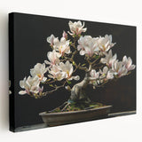 Stretched canvas artwork showcasing a botanical bonsai tree design, featuring vibrant colors and intricate details, ideal for home decor and nature enthusiasts.