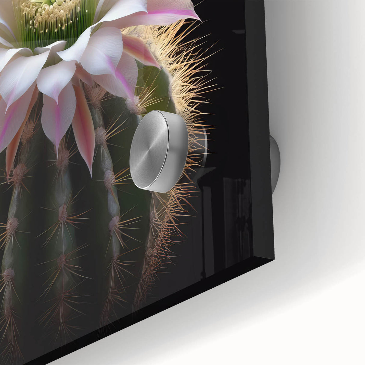 Close-up of a vibrant botanical cactus design wall art piece, showcasing intricate details and vivid colors on acrylic glass, perfect for modern home decor.