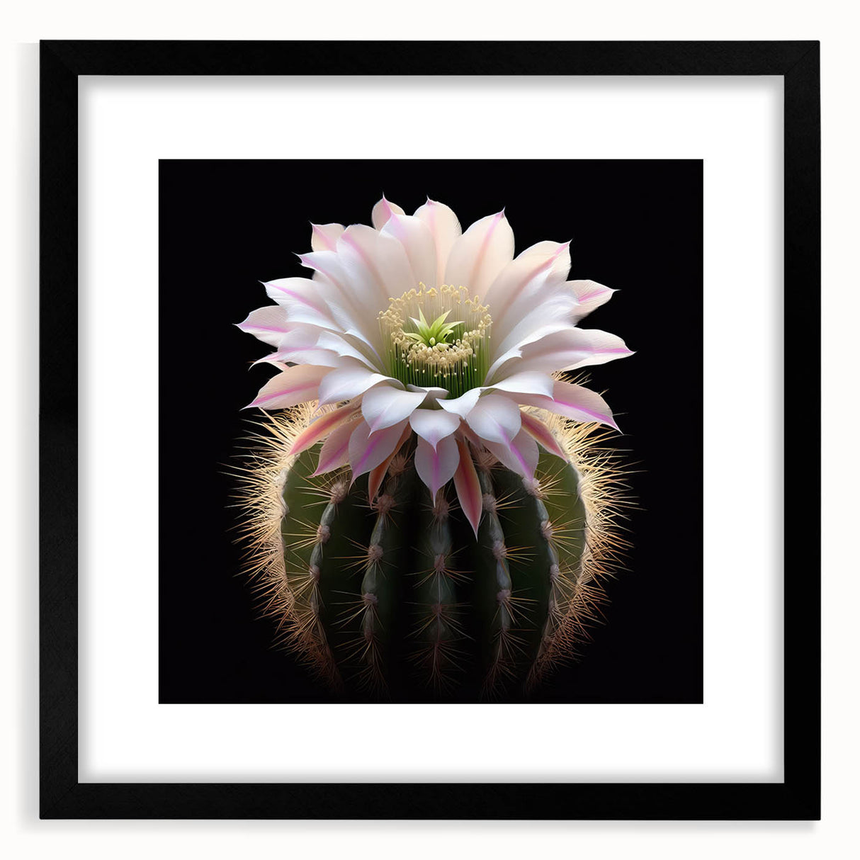 Framed botanical wall art featuring a vibrant cactus design with a black mat, perfect for home decor or office spaces. Ideal for nature lovers seeking unique wall aesthetics.