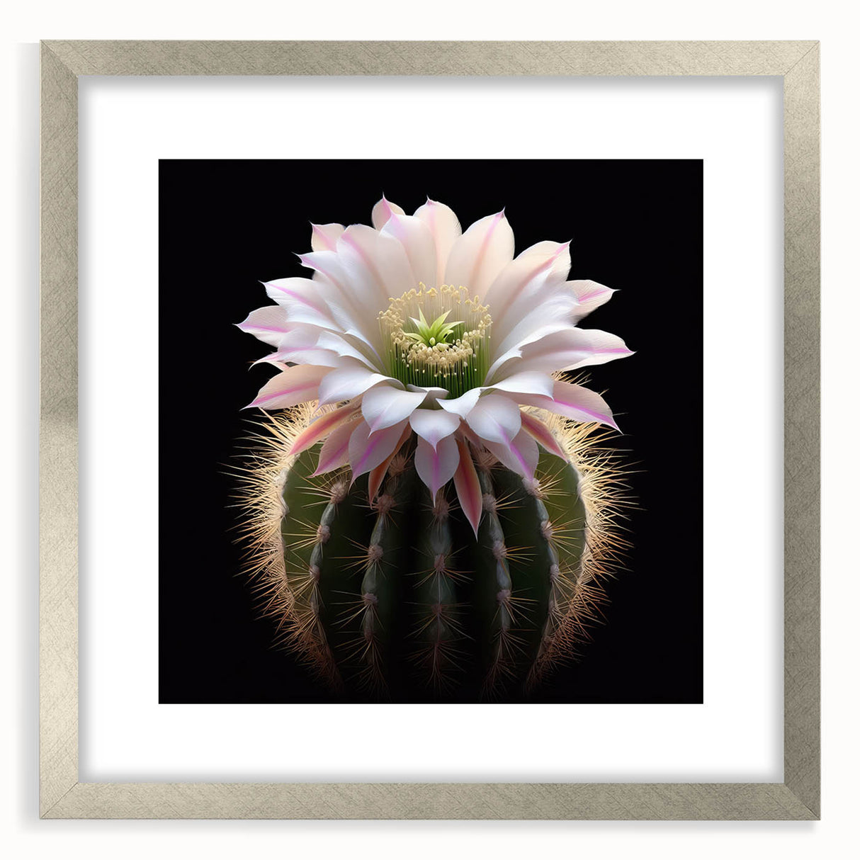 Botanical wall art featuring a delicate cactus design framed in silver, showcasing intricate details and vibrant colors, ideal for modern home decor.