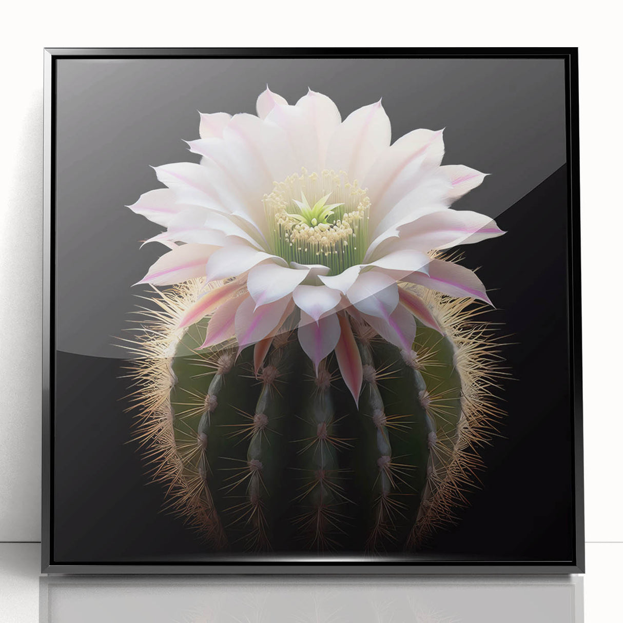 Framed wall art featuring a botanical cactus design in black acrylic frame, showcasing vibrant green and earthy tones, perfect for modern home decor.