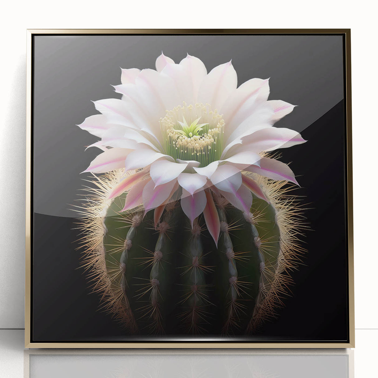 Framed wall art featuring a botanical design of colorful cacti against a gold-acrylic background, perfect for modern home decor or office spaces.