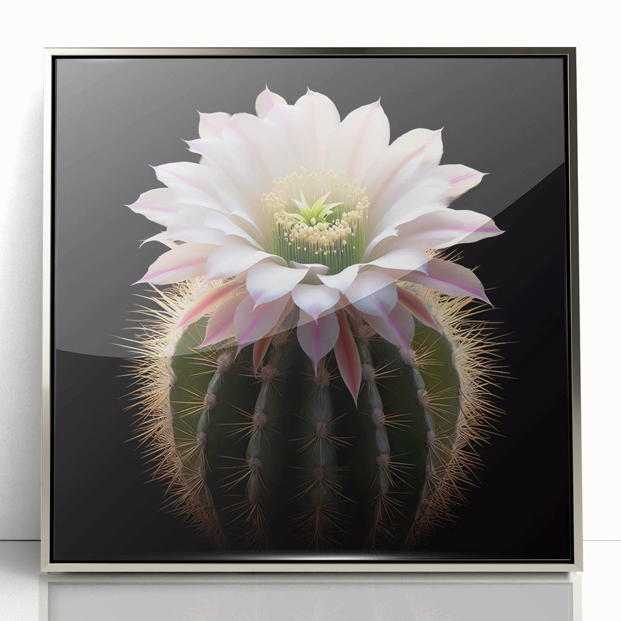 Framed wall art featuring a botanical cactus design with vibrant colors, set in a sleek silver frame, ideal for modern home decor and nature enthusiasts.
