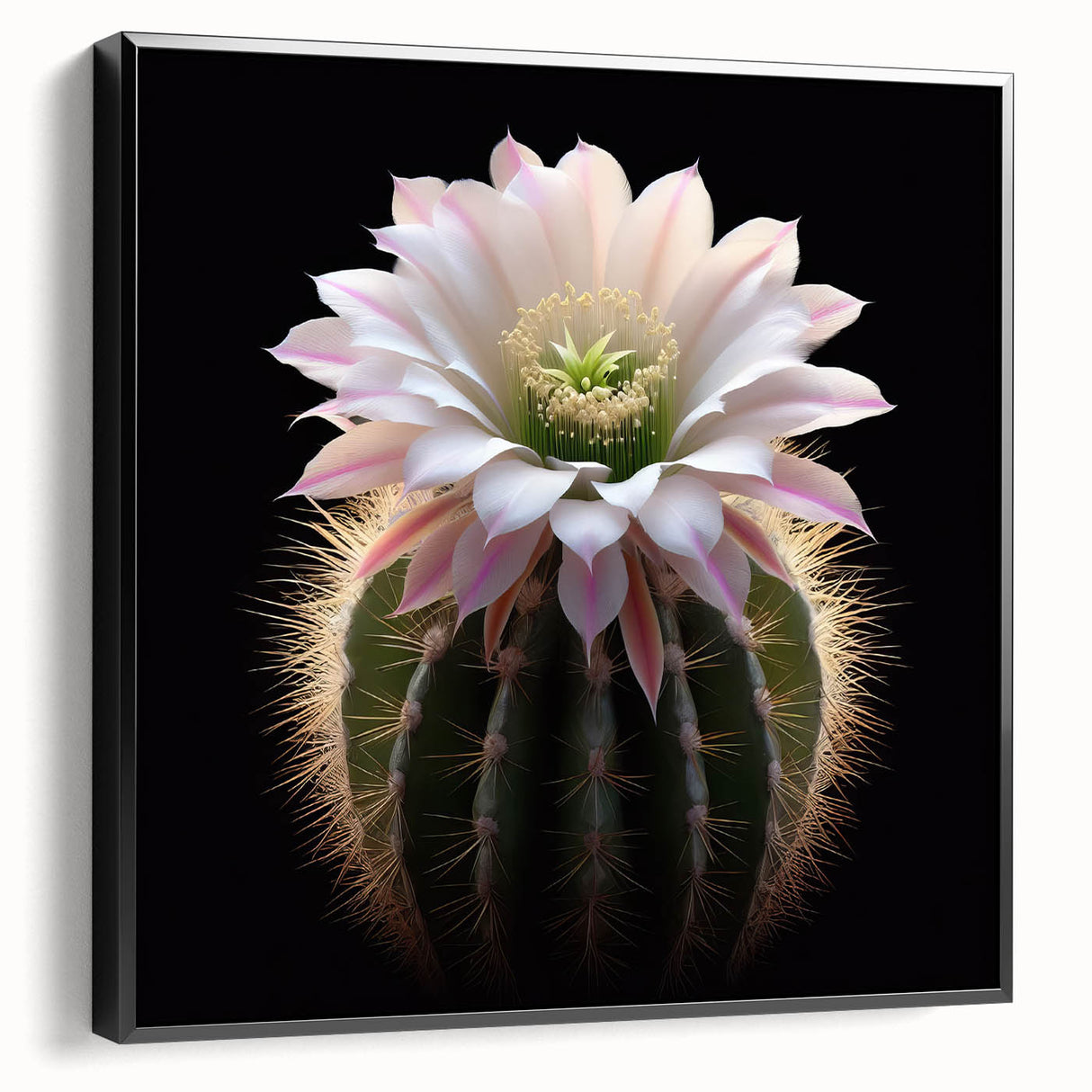 Framed black wall art featuring a vibrant botanical cactus design on canvas, showcasing intricate details and a modern aesthetic for stylish home decor.