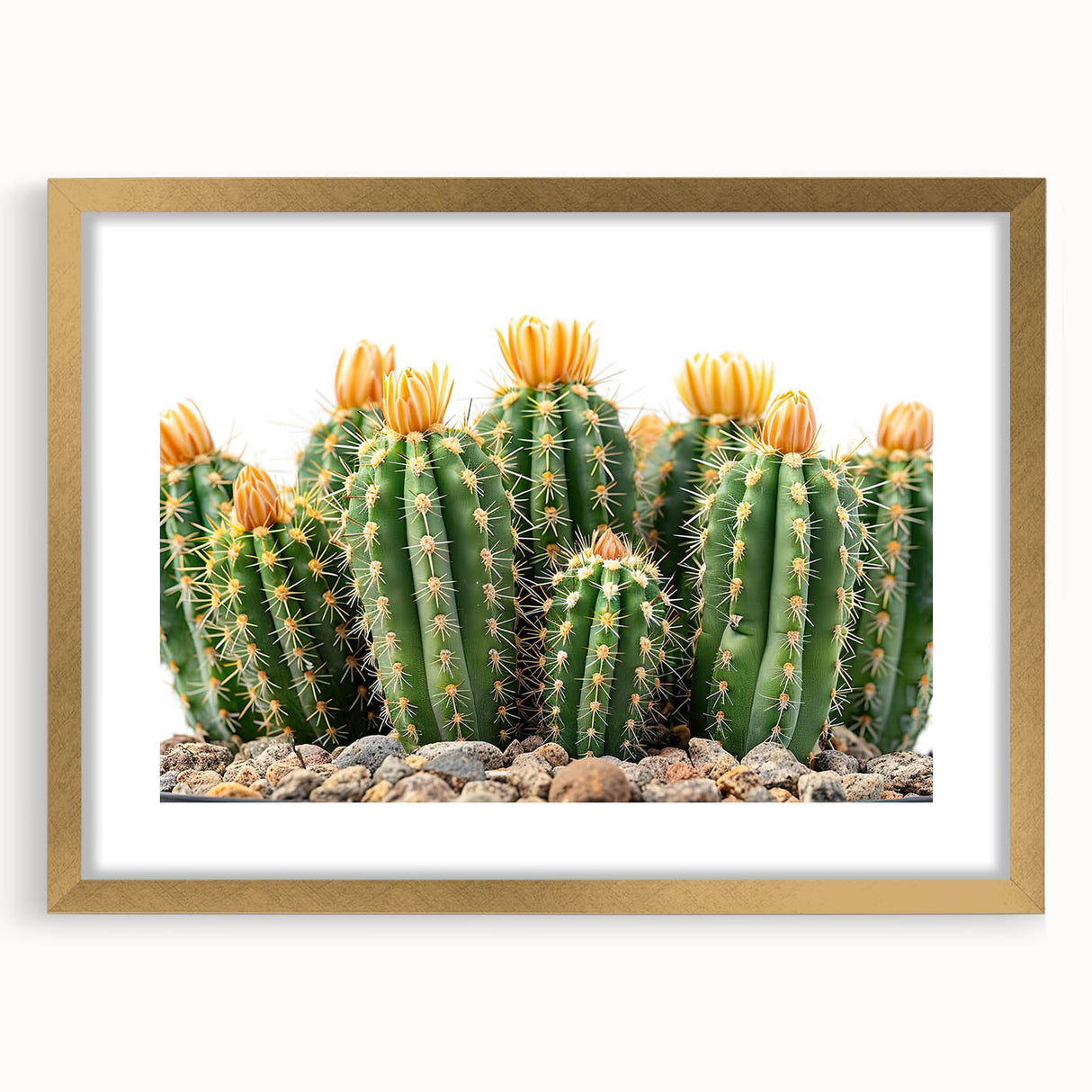 Botanical wall art collection featuring a gold-framed cactus design with a white mat, showcasing vibrant greenery against a minimalist background, perfect for modern decor.