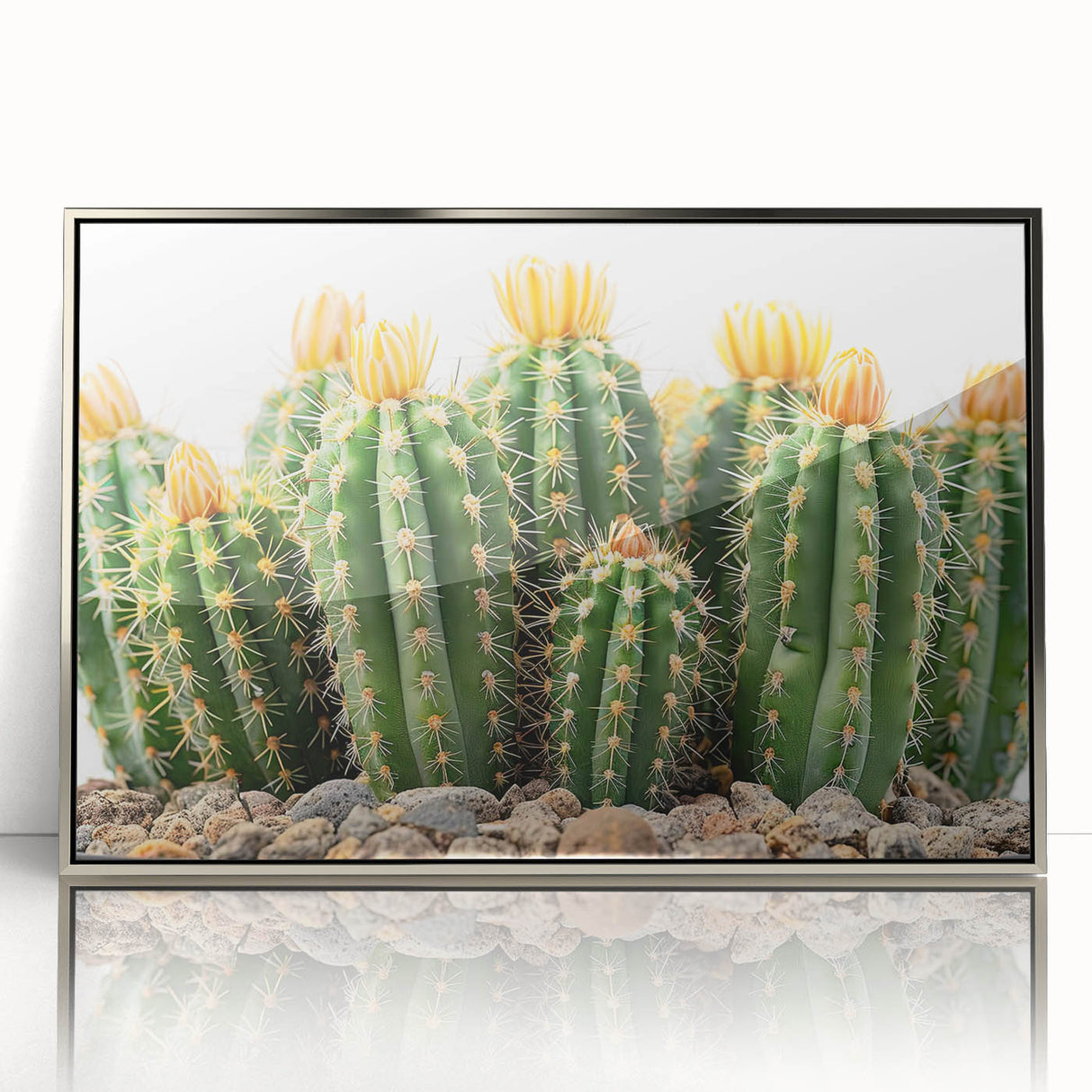 Framed botanical wall art featuring a silver-accented cactus design, showcasing vibrant colors and intricate details, perfect for modern home decor.