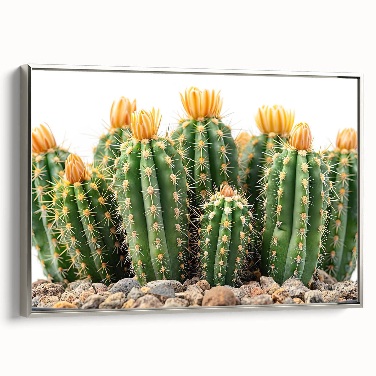 Framed botanical wall art featuring a detailed cactus design with vibrant green hues on a textured canvas, presented in a sleek silver frame, ideal for modern home decor.