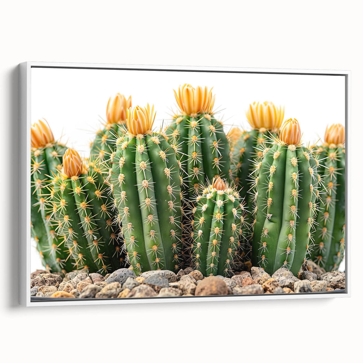 Framed botanical wall art featuring a vibrant cactus design in shades of green, displayed on a white background, ideal for modern home decor.