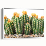 Framed botanical wall art featuring a vibrant cactus design in shades of green, displayed on a white background, ideal for modern home decor.