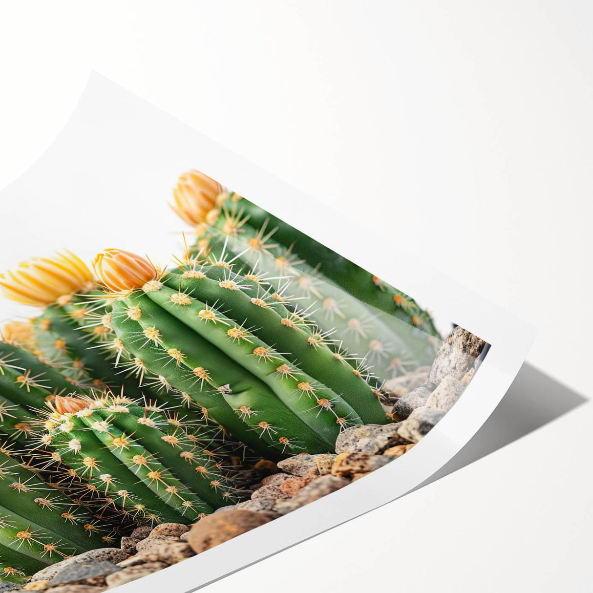 Botanical cactus wall art print showcasing vibrant green cacti against a soft pastel background, elegantly rolled for easy framing and display in home decor.