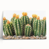 Botanical wall art featuring a vibrant cactus design on stretched canvas, elegantly leaning against a wall, showcasing green hues and intricate details for a modern decor accent.