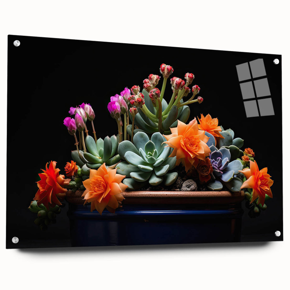 Acrylic wall art featuring a botanical cactus design, displayed from the side with visible pins, showcasing vibrant greens and intricate details, perfect for modern decor.