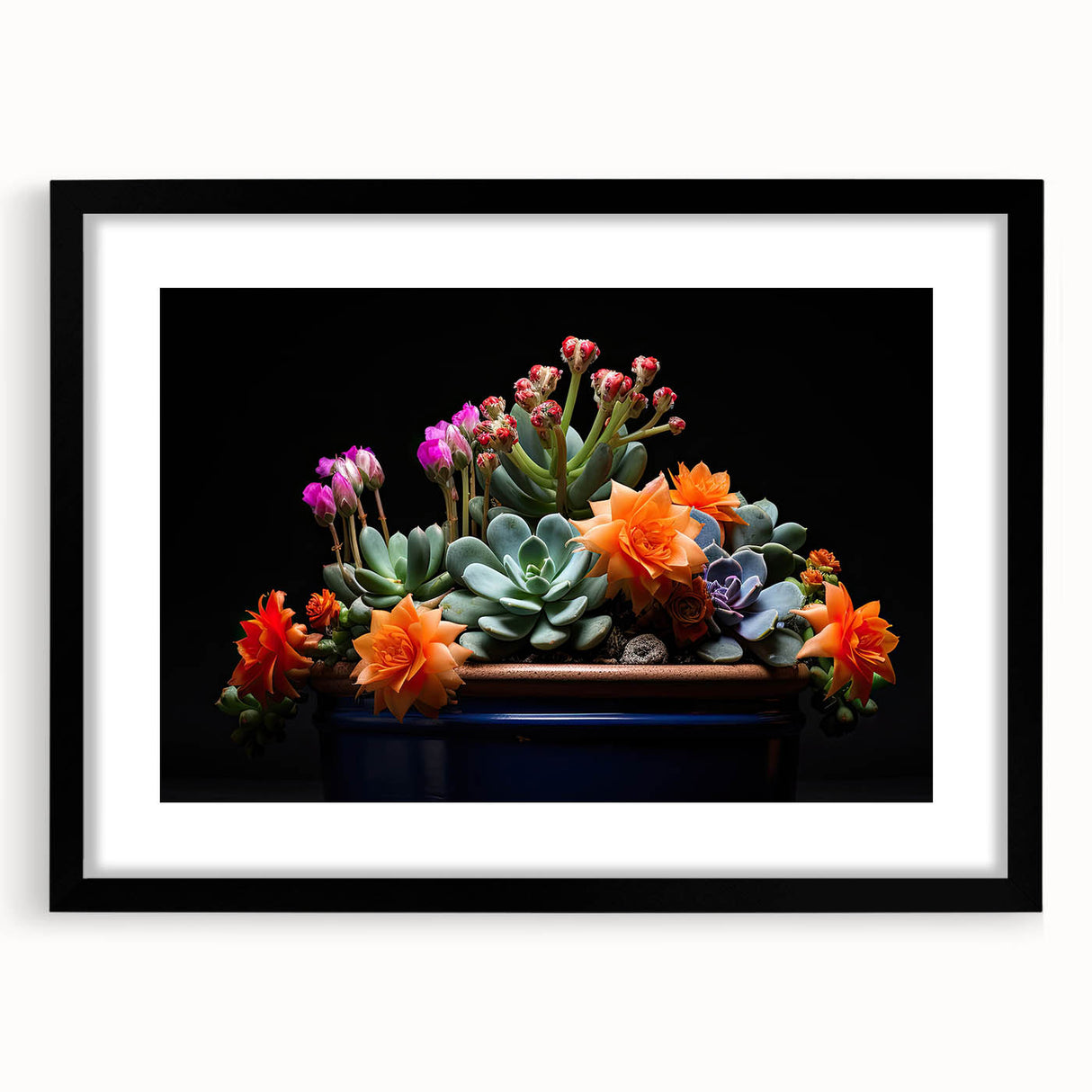 Black-framed botanical wall art featuring a vibrant cactus design with intricate details, ideal for modern home decor and nature-inspired interiors.