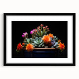 Black-framed botanical wall art featuring a vibrant cactus design with intricate details, ideal for modern home decor and nature-inspired interiors.