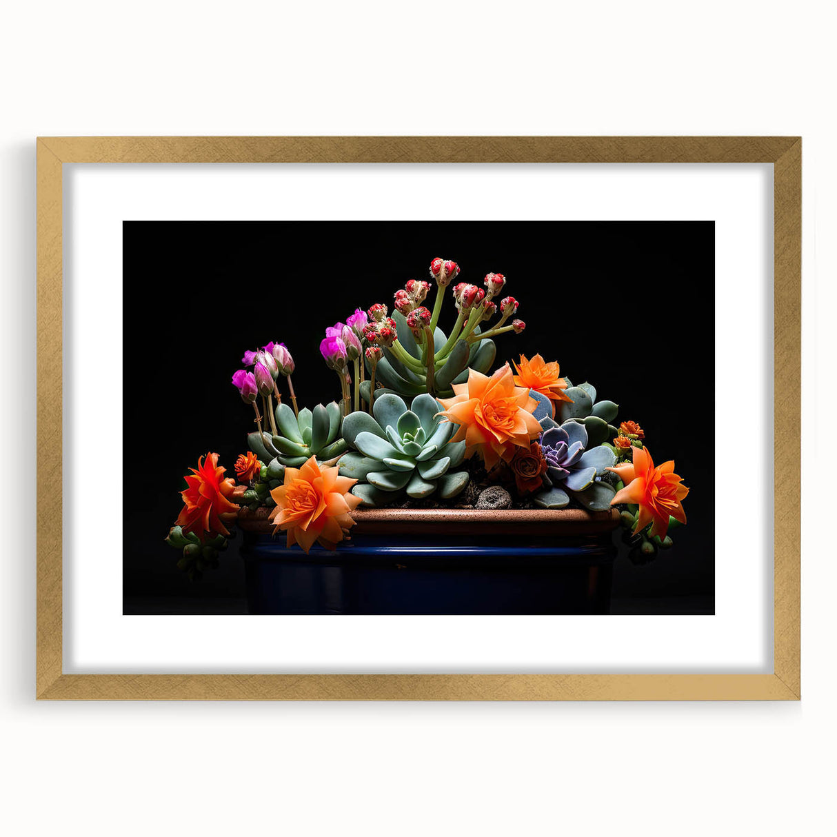 Botanical wall art design featuring a vibrant cactus illustration in a gold frame with a white mat, ideal for enhancing home decor with a natural aesthetic.
